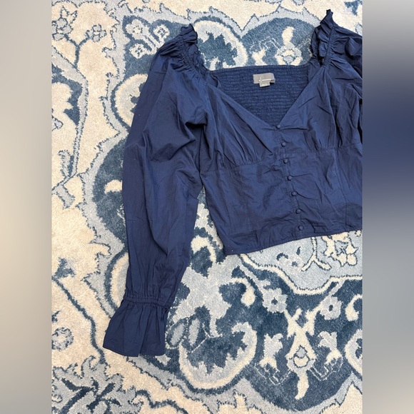 ANTHROPOLOGIE Navy Blue Long Sleeve Blouse with Puff Sleeves Smocked Back Sz XL - Picture 3 of 7